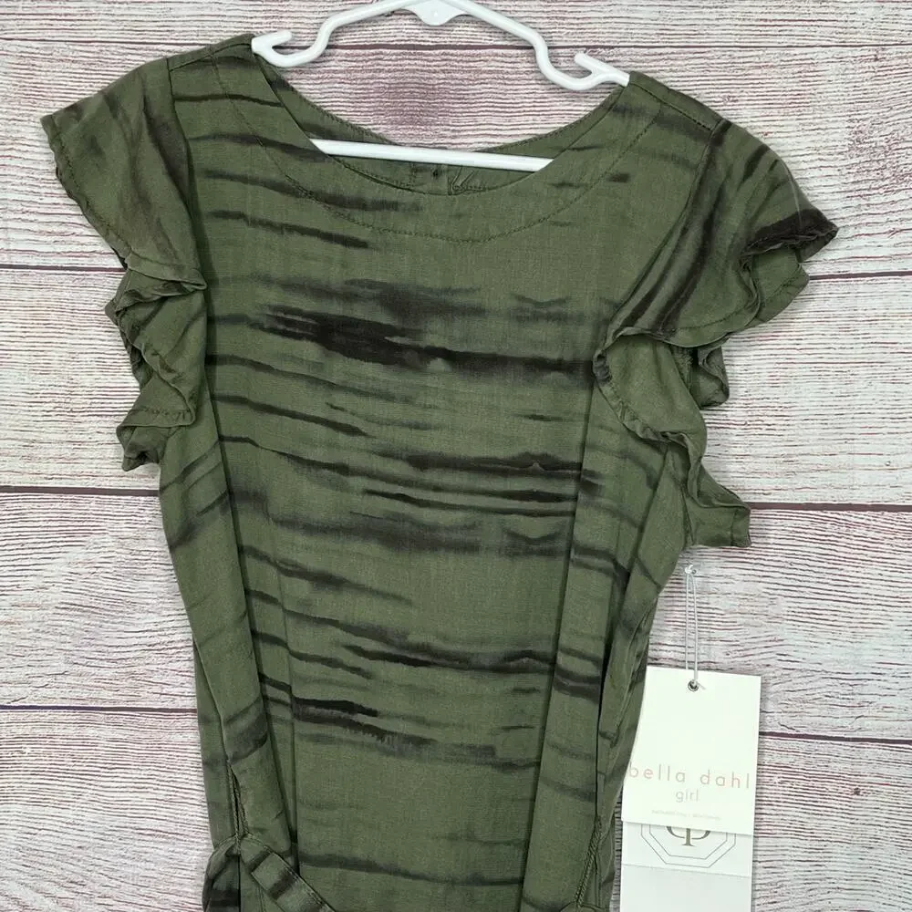 Bella Dahl Girls Flutter Sleeve Ruffle Fernwood Stripe Dress Size 10 New